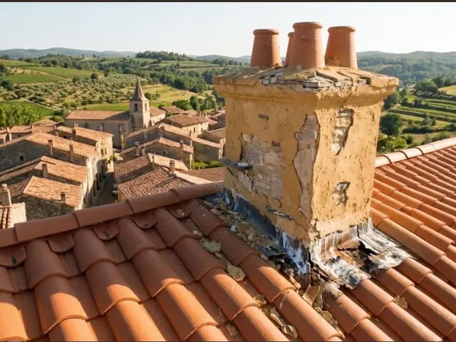 Souche de cheminée dégradée avant intervention, mitrons cassés et joint effrité — chantier Artisan JP