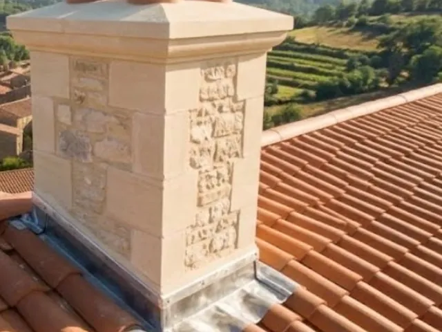 Souche de cheminée reconstruite avec quatre mitrons en terre cuite et solin en plomb neuf par Artisan JP